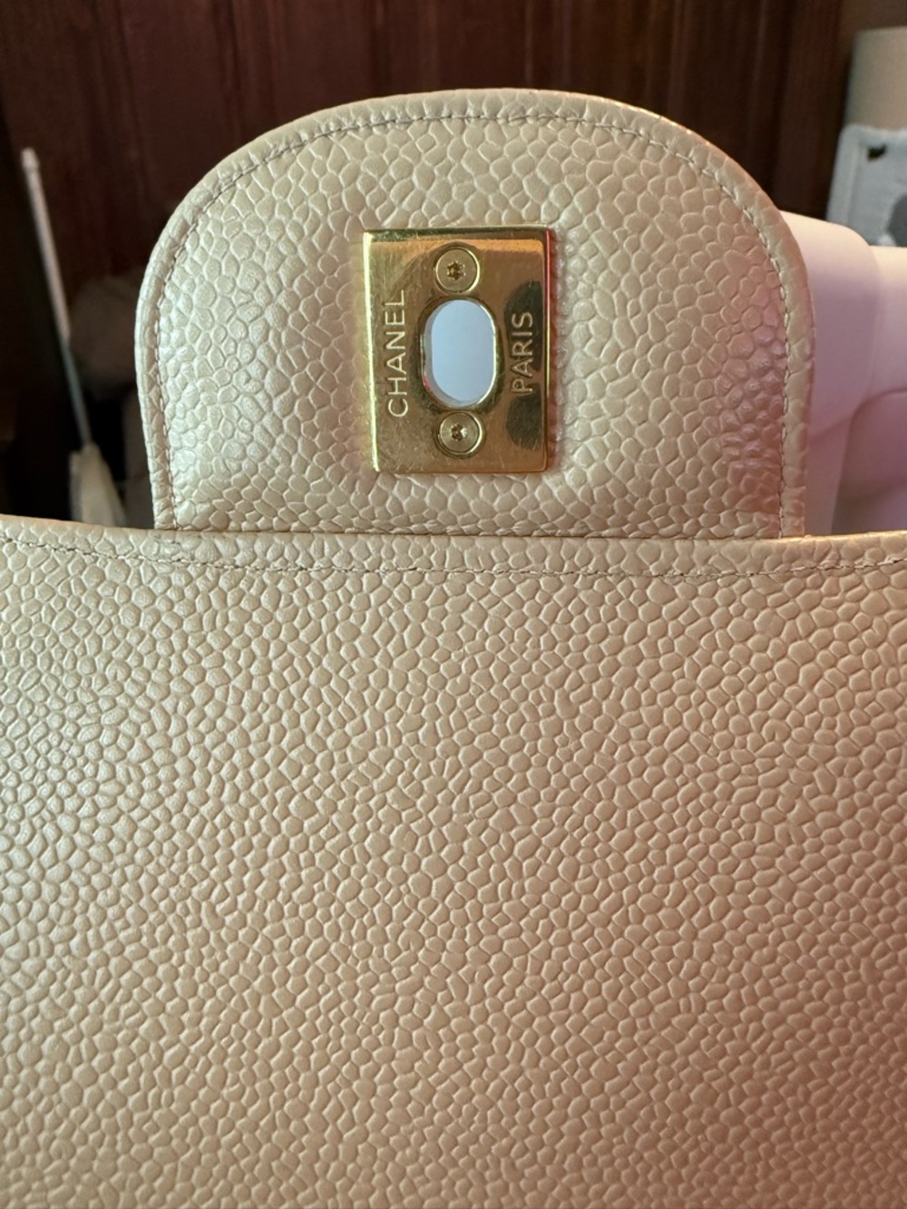 CHANEL Quilted Beige Caviar Leather Double Flap Shoulder Bag with Gold Hardware - Picture 5 of 11